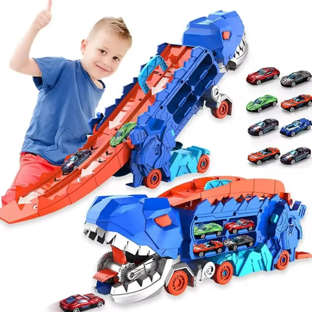 Caminhão Dinossauro com Pista Lançadora Carrinhos Caminhão Cegonha Infantil com Compartimento para Carros - 1