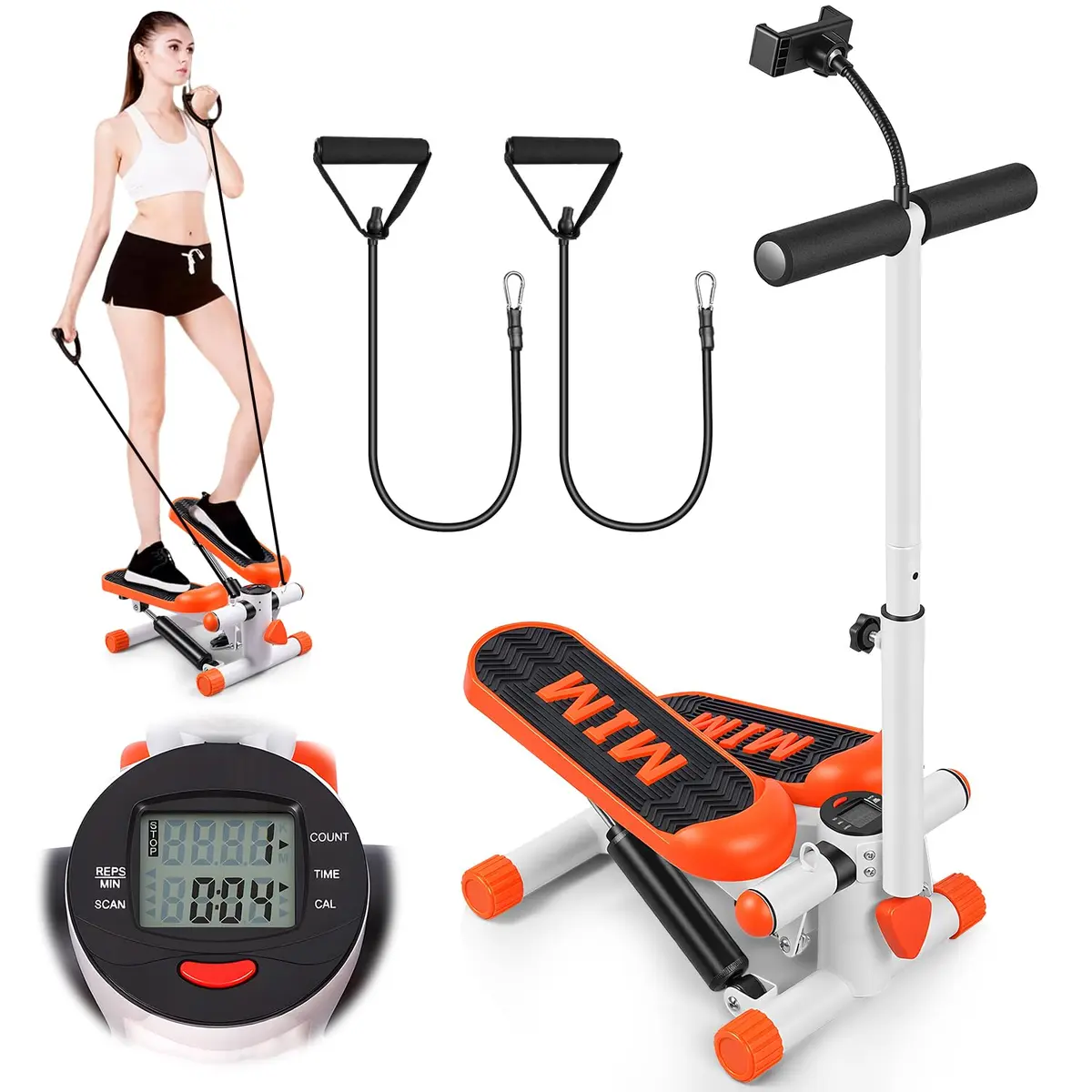 Mini Stepper Adequado para Senhoras com Monitor em Lcd, Mini Stair Stepper com Guidão e Suporte Celular, escada com faixas de resistência, Escada Ergometrica Academia, Stepper Simulador de Caminhada - 1
