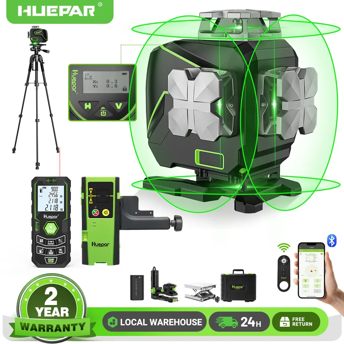 Huepar s04cg 16 linhas 4d feixe verde laser nível auto-nivelamento linha cruzada ferramentas de nível laser com display lcd suporte de parede remoto