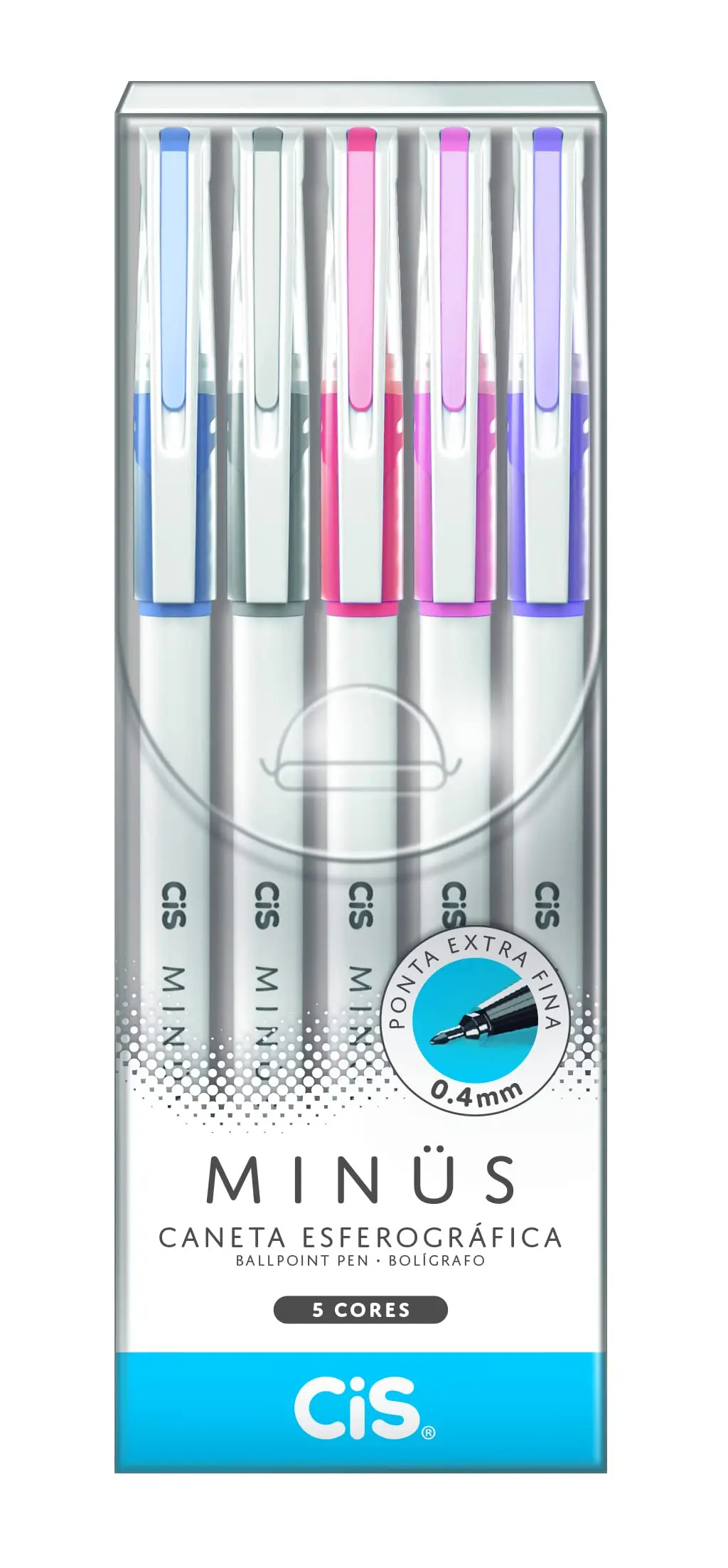 CIS Minus Caneta Esferográfica - 0.4 mm - Estojo com 5 unidades - Azul, Preta, Vermelha, Rosa e Lilás - Multicor