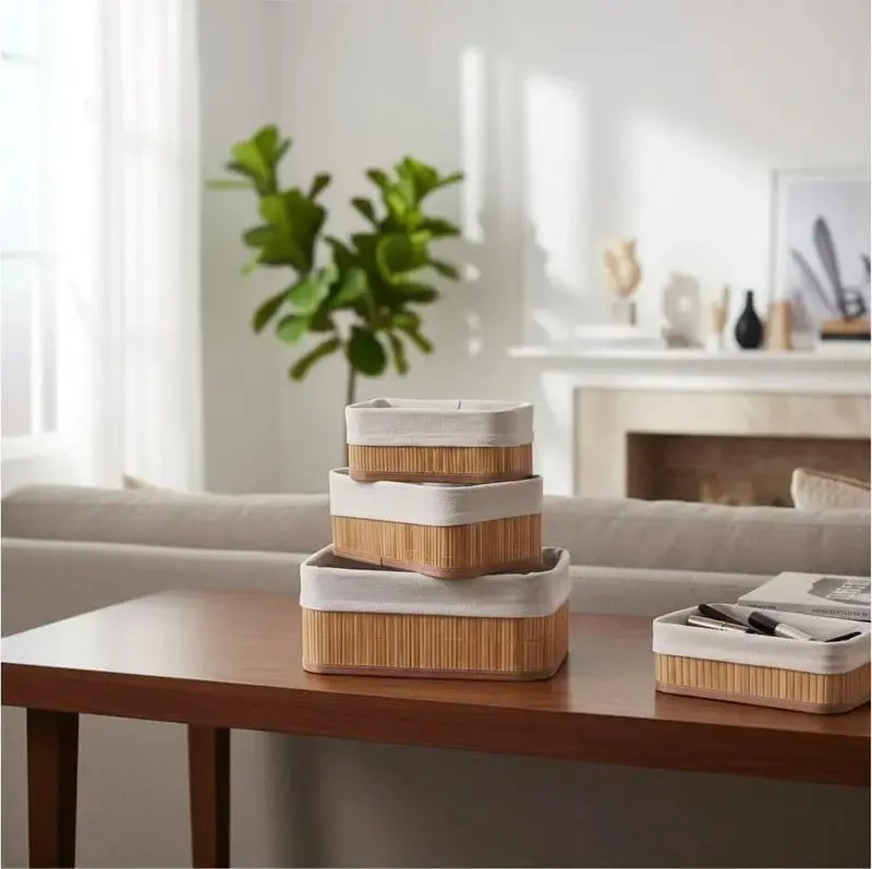 Kit 3 Cestos Organizadores de Bambu Forro Removível Organização Estilo Casa Multiuso Banheiro Cozinha Lavanderia Decorativo Sustentável