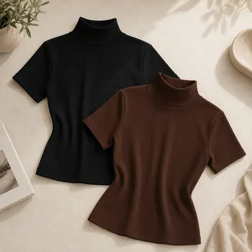 Kit 2 Blusas Feminina Canelada Gola Alta Ribana Básica
