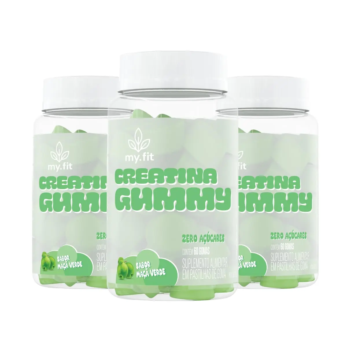 Kit 3x Creatina Gummy (180 Gomas) 3g de Creatina por Dose, Zero Açúcar - My Fit (Maçã Verde)