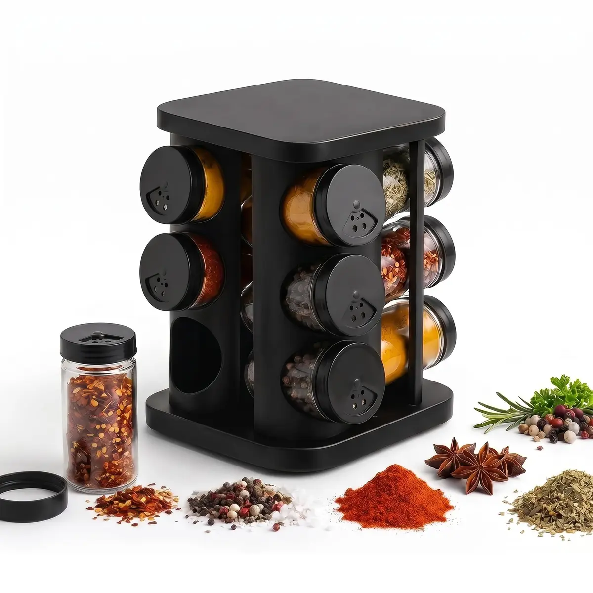 Porta Temperos Giratório 360° 12 Potes de Vidro 85ml, Porta Condimentos Preto com Tampa Dosadora 3 Dosagens, Organizador de Temperos para Cozinha - 1