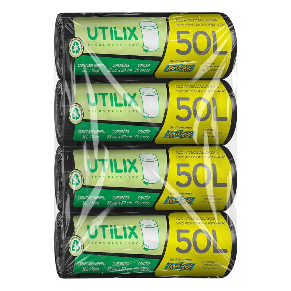 Kit com 4 unidades - Utilix 50 litros Preto, Rolo com 30 Sacos/unidade - 1