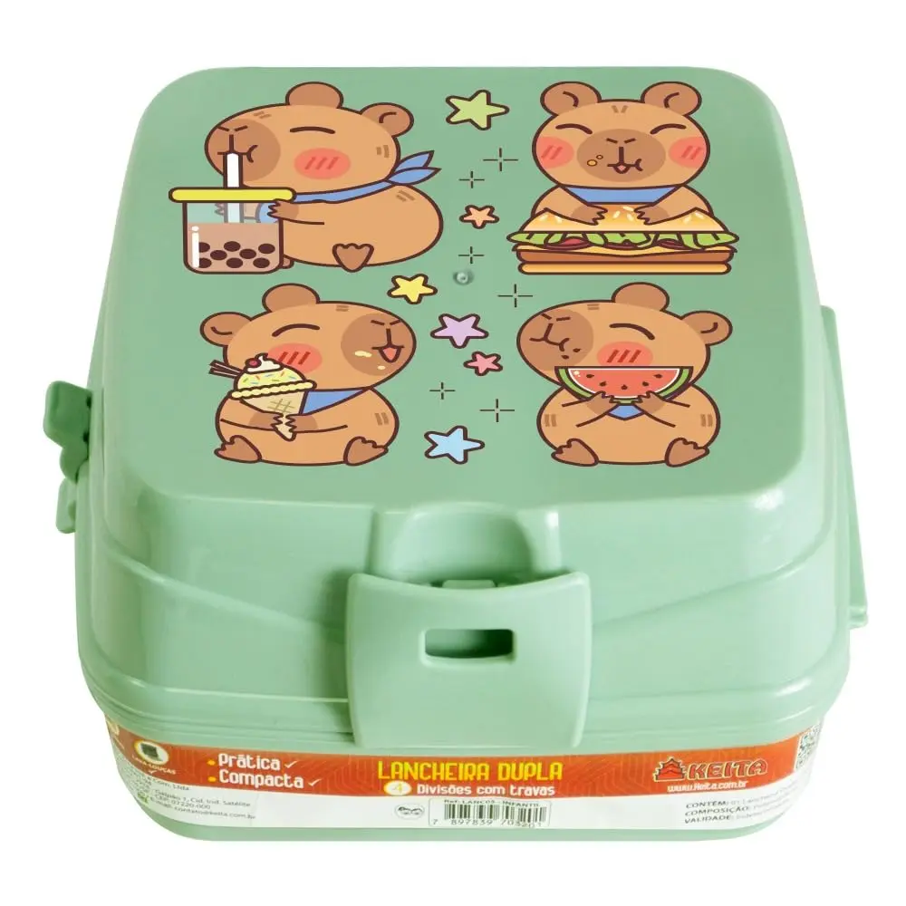 Lancheira Marmita Escolar Divertida Infantil Com 4 Divisórias Com 2 Compartimentos Cores E Desenhos (Verde Capivara)