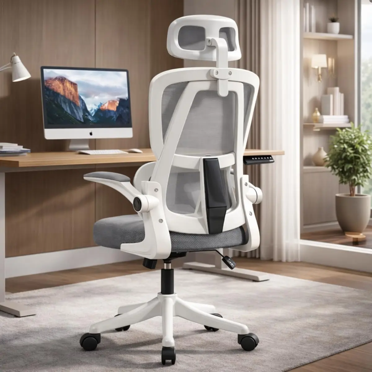 BlidShop Cadeira de Escritório Ergonômica Veneza, Tela Mesh Respirável, Suporte Lombar, Reclinável, Altura Ajustável, Capacidade 120kg (Branca e Cinza)