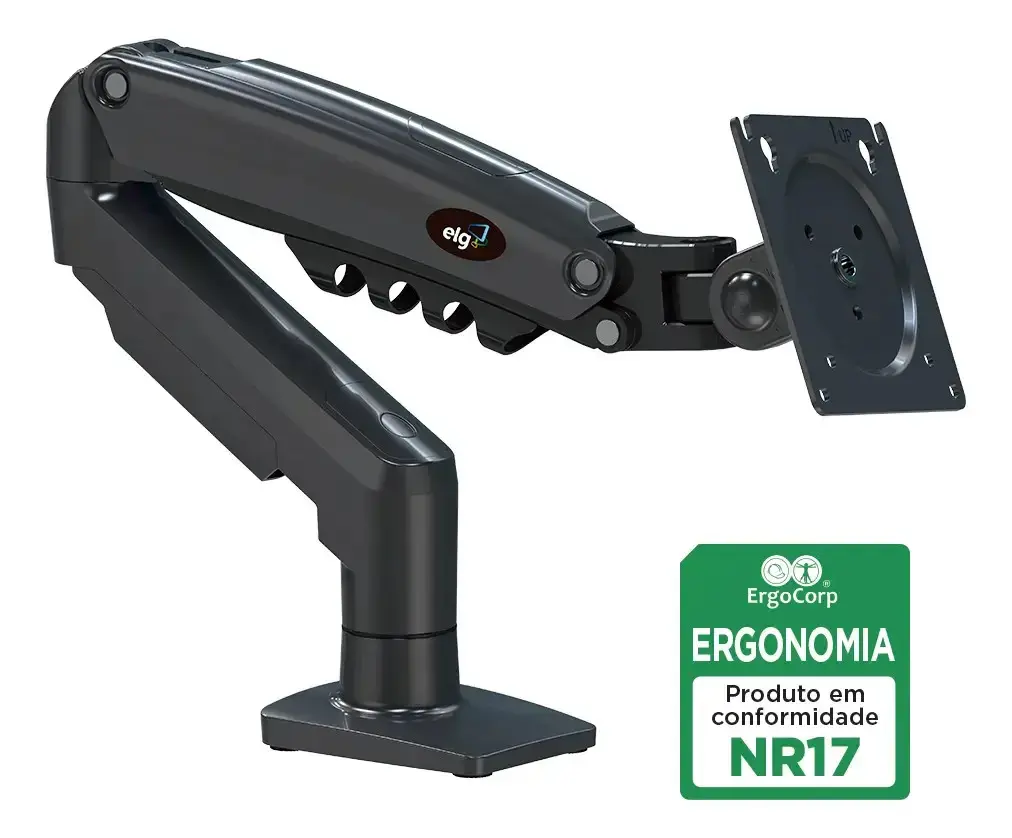 Suporte Articulado Mesa Monitor 17 a 35 Polegadas 9kg ELG Pistão a Gás Giro 360° Altura 14 a 42cm Avanço 54cm VESA 100x100 Preto F80N - 1