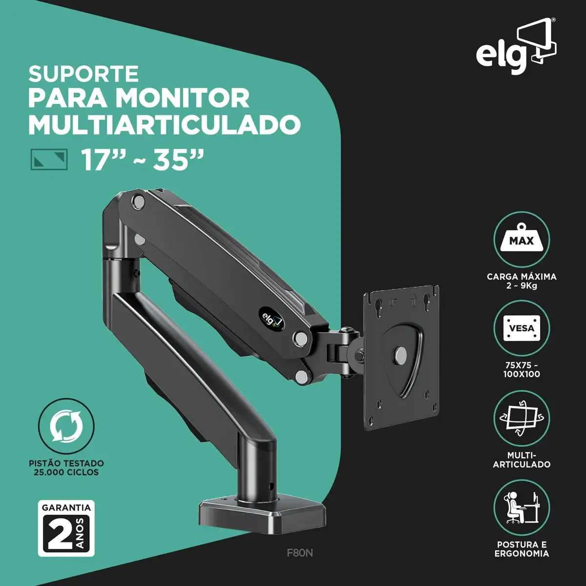 Suporte Articulado Mesa Monitor 17 a 35 Polegadas 9kg ELG Pistão a Gás Giro 360° Altura 14 a 42cm Avanço 54cm VESA 100x100 Preto F80N thumbnail 2