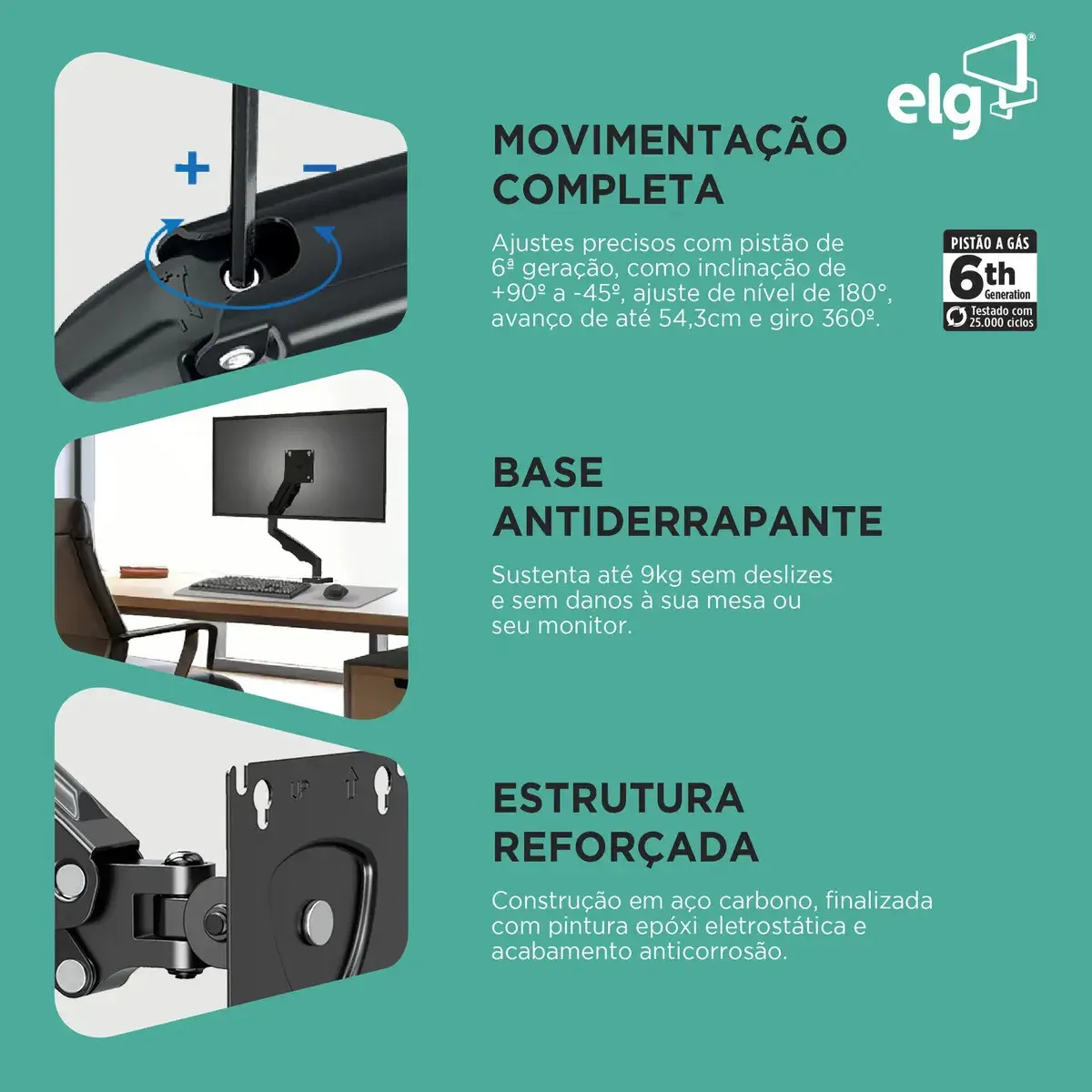 Suporte Articulado Mesa Monitor 17 a 35 Polegadas 9kg ELG Pistão a Gás Giro 360° Altura 14 a 42cm Avanço 54cm VESA 100x100 Preto F80N thumbnail 3