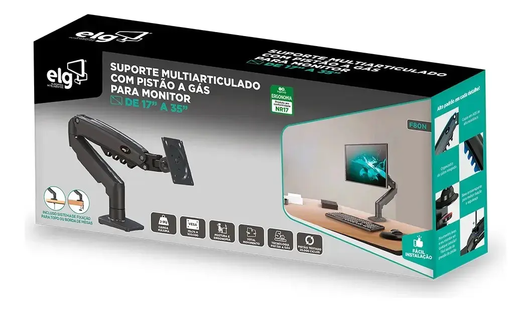 Suporte Articulado Mesa Monitor 17 a 35 Polegadas 9kg ELG Pistão a Gás Giro 360° Altura 14 a 42cm Avanço 54cm VESA 100x100 Preto F80N thumbnail 6