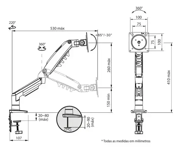 Suporte Articulado Mesa Monitor 17 a 35 Polegadas 9kg ELG Pistão a Gás Giro 360° Altura 14 a 42cm Avanço 54cm VESA 100x100 Preto F80N thumbnail 10