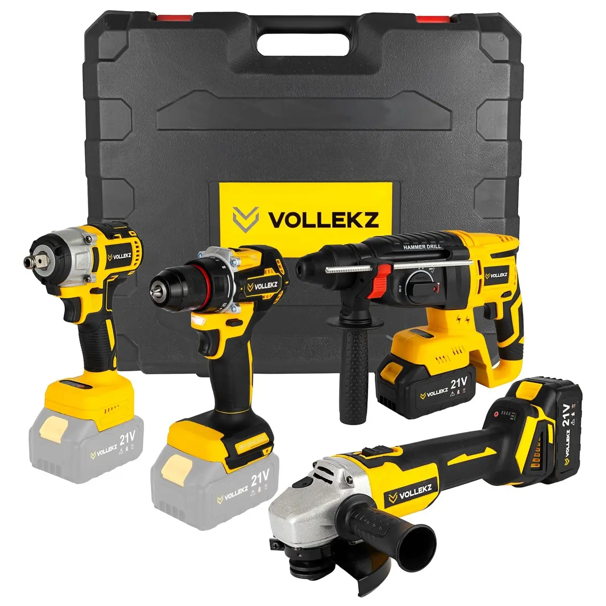 Combo Ferramentas a Bateria 21V VK-CMB21 4 em 1 Brushless com 2 Baterias 4Ah Martelete Esmerilhadeira Furadeira de Impacto e Chave de Impacto Profissional Vollekz