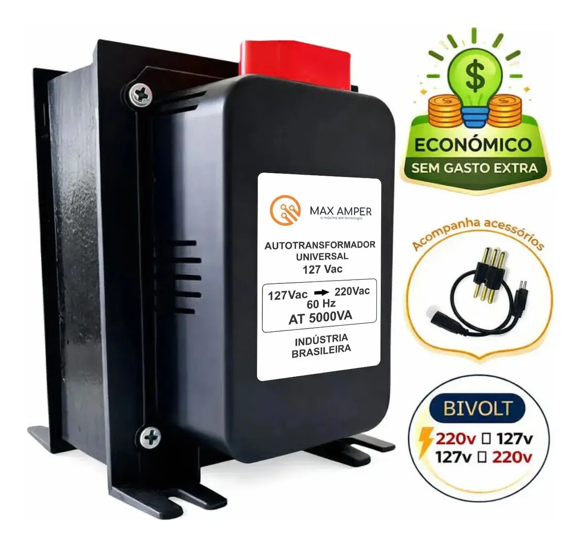 Transformador 5000va 110-220 Ou 220-110 Conversor Bivolt 12000 Btus C/ N F Geladeira Ar Condicionado Impressoras Brother Microondas Máquina Costura Lavar Roupas Preto