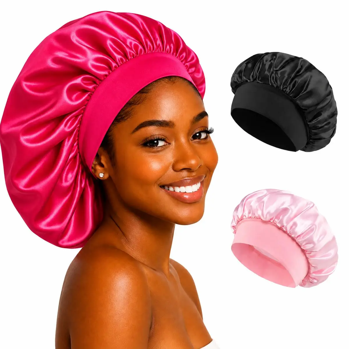 Touca de Cetim com Faixa Elástica Larga Anti Frizz Para Dormir Confortável - Tamanho Grande - Todos os Tipos de Cabelo Liso Crespo Ondulado Cacheado Longos Black Power - Material Premium