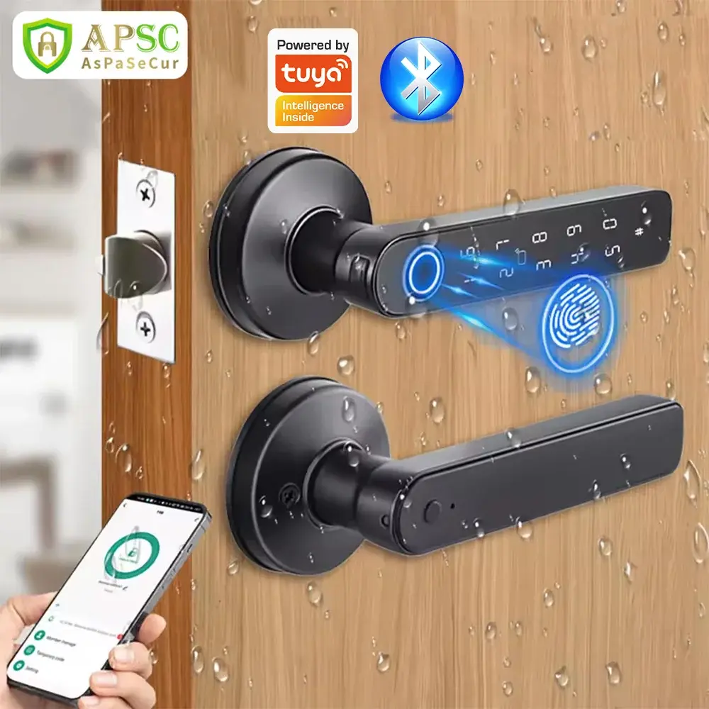 Tuya app bluetooth inteligente impressão digital fechadura da porta senha chave mecânica nfc desbloqueio para maçaneta da porta de madeira bloqueio ip65 à prova chuva
