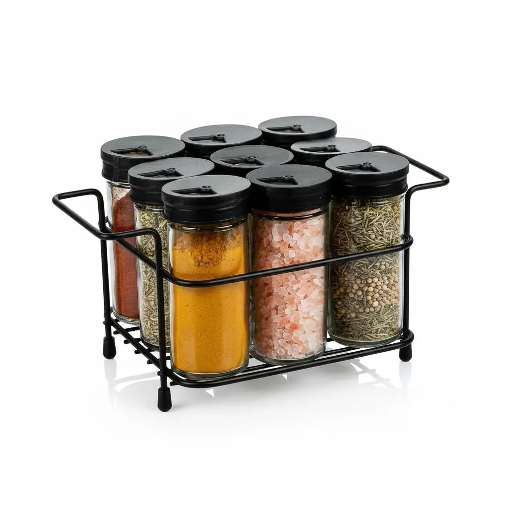 Porta Tempero Condimentos Aramado Preto Com 9 Potes 85ml Tampa Dosadora Organização Cozinha - 1
