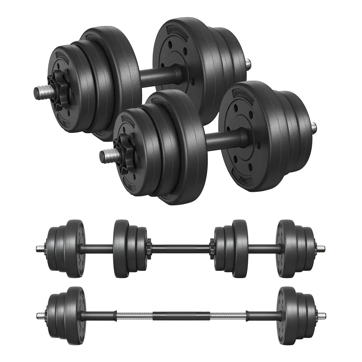 SONGMICS Conjunto de Halteres 2 em 1, 2 x 10 kg Halteres Ajustáveis com Barra Adicional para Barra, Anilhas Revestidas de Plástico, Exercício Fitness, Academia em Casa, Preto Tinta BRSYL20HBK