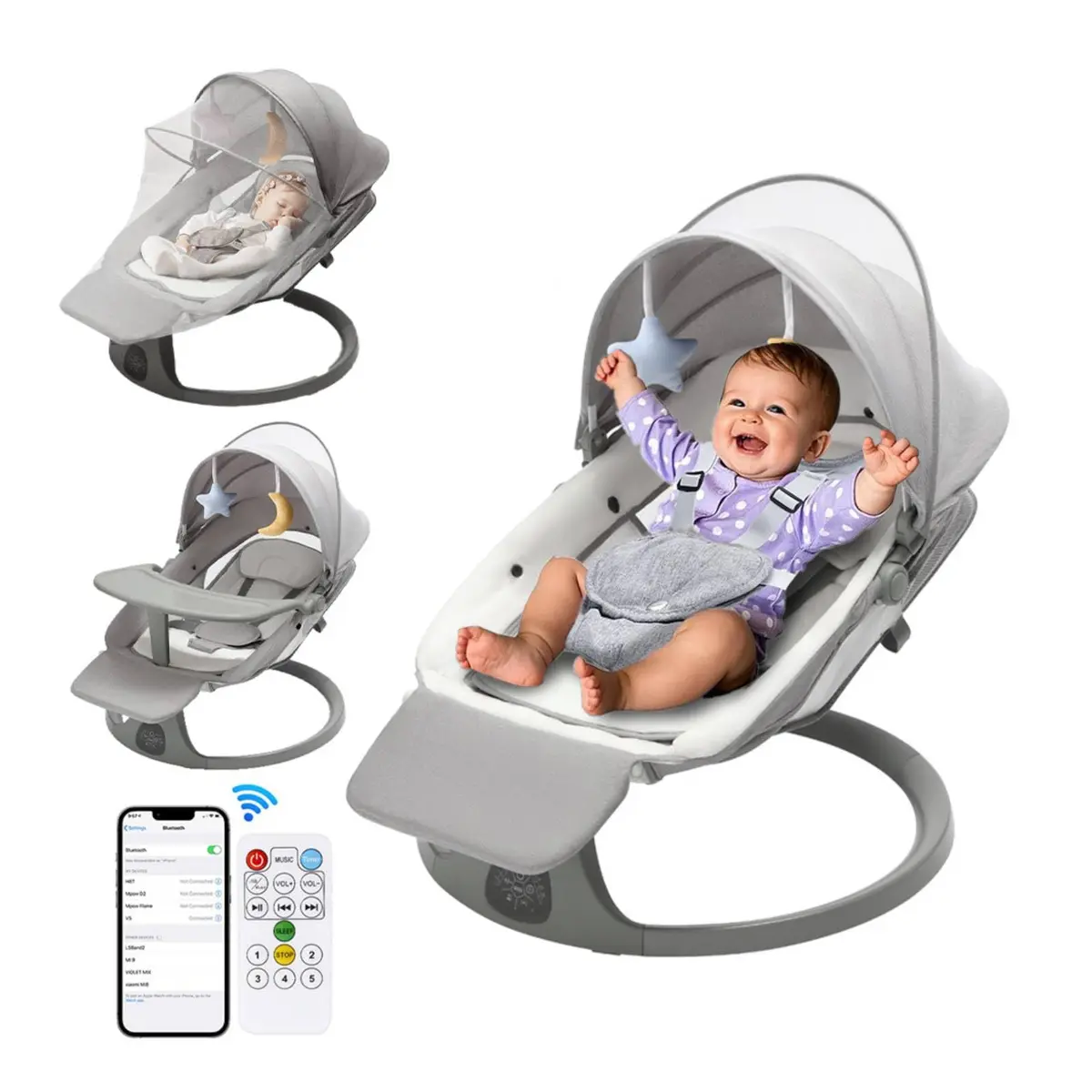 FINYQBET Cadeira de Balanço Automatica, 5 Velocidades e Bluetooth | Mosquiteiro incluso para proteção, assento lavável à máquina, controle remoto, para Sonecas+Alimentação, Lavável na máquina