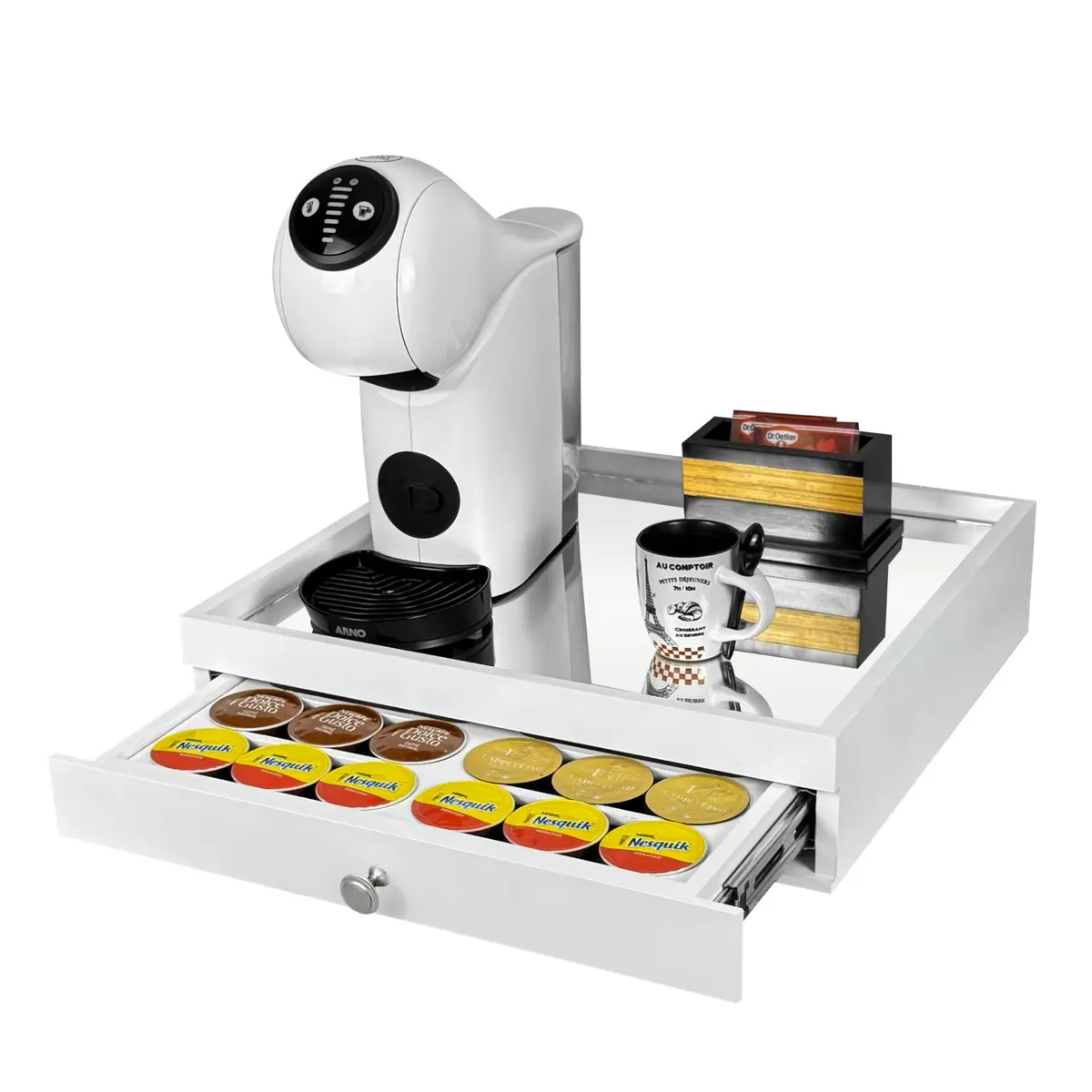 Reluz Art Bandeja Porta Cápsulas Espelho 1 Gaveta com Corrediças Telescópicas Compatível com Cápsulas Nespresso Original, Vertuo, Dolce Gusto Três Corações ou Delta Q (Dolce Gust, Branco)