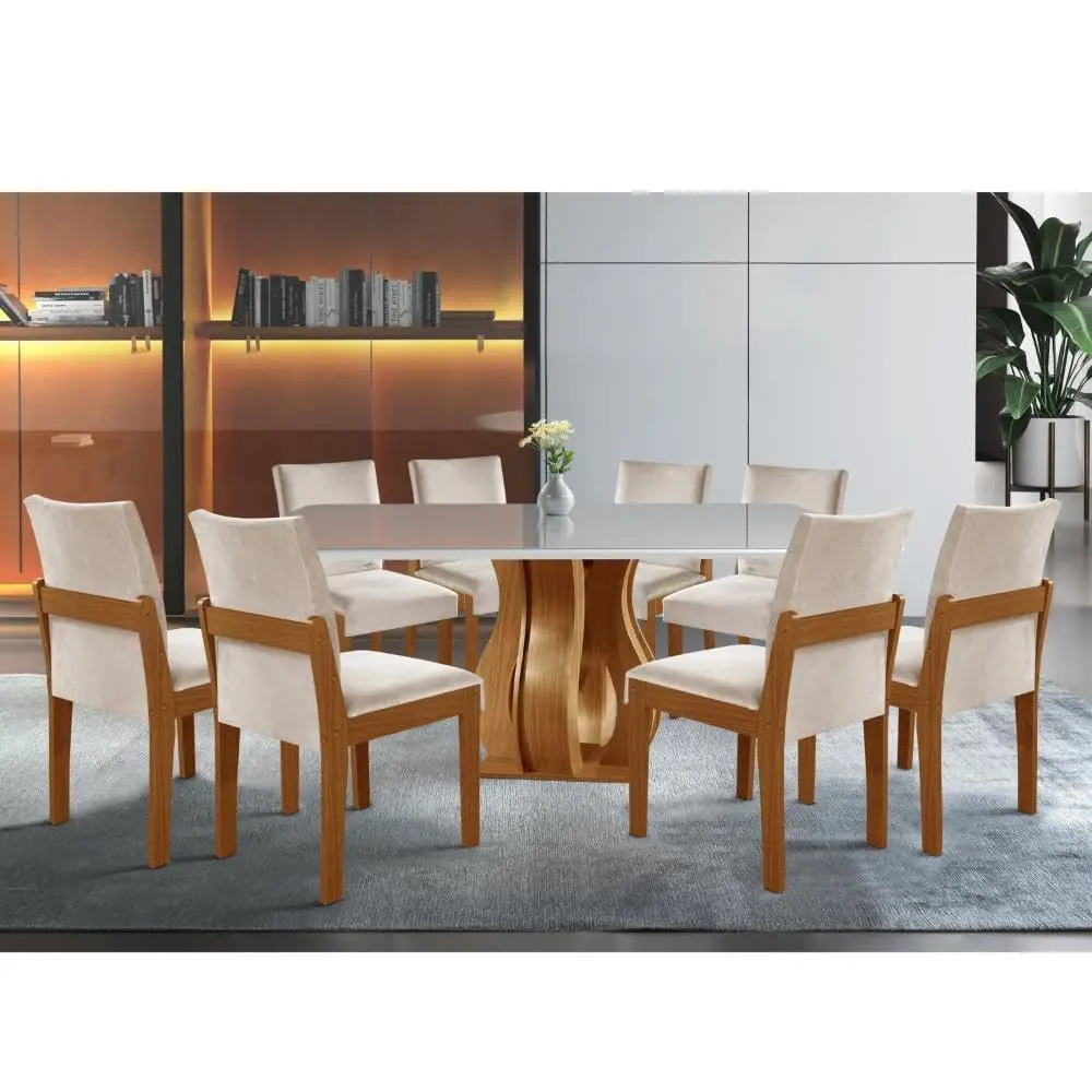 Conjunto Sala de Jantar Mesa Nuance Tampo Vidro/mdp com 8 Cadeiras Mônaco Yescasa Castanho Cinamomo/bege