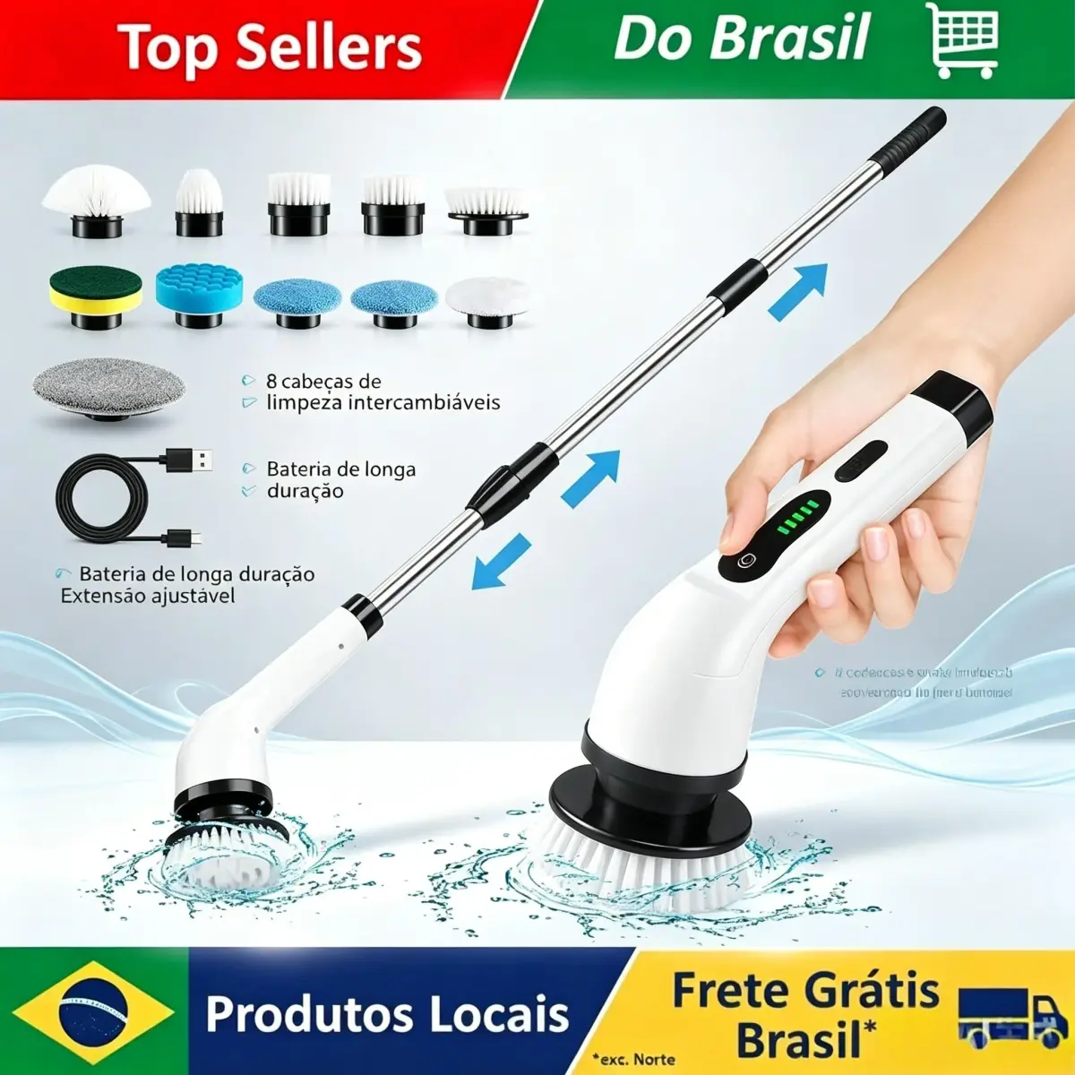 Esfregão e Escova Rotativa Sem Fio 9 em 1, Ferramenta de Limpeza Elétrica para Cozinha, Banheiro, Vaso Sanitário, Limpador de Pelos Domésticos