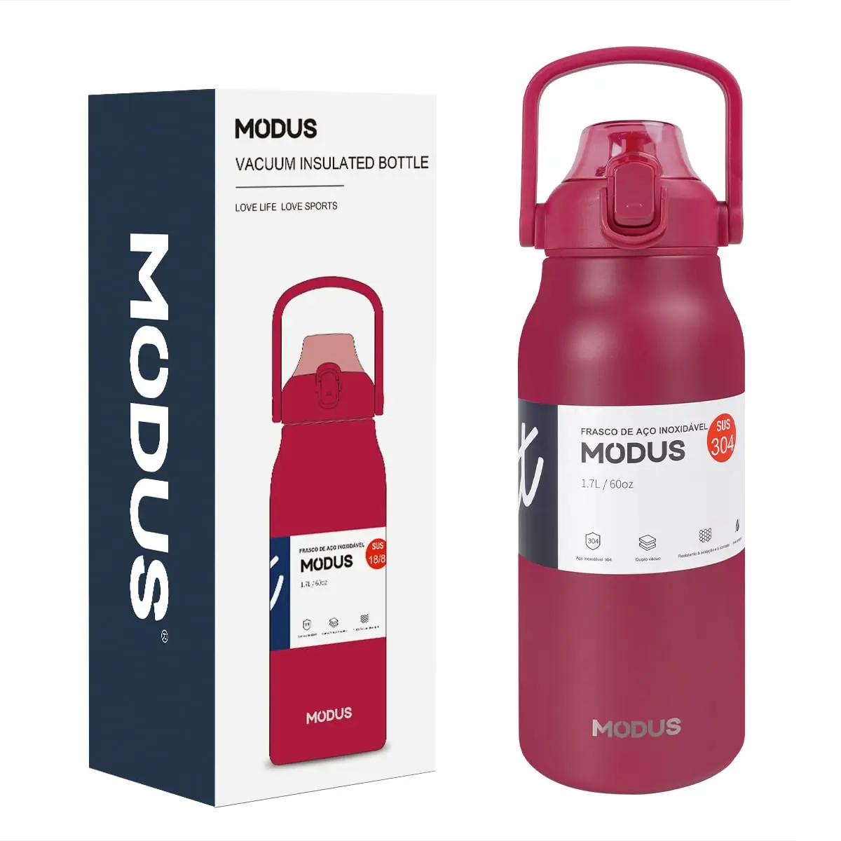 Garrafa Térmica Isolada a Vácuo De Aço Inoxidável 304 1700ML | Grande Capacidade Com Canudo Rosa Choque - 1