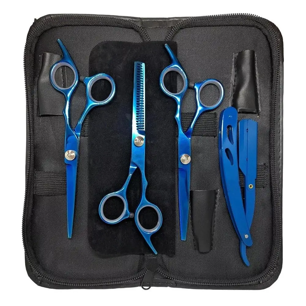 Kit Barbeiro Aço Inox Cabeleireiro Tesouras Navalha Pentes Barbearia Corte Masculino Profissional Barbeiro Cabeleireiro - Upshop (Azul)