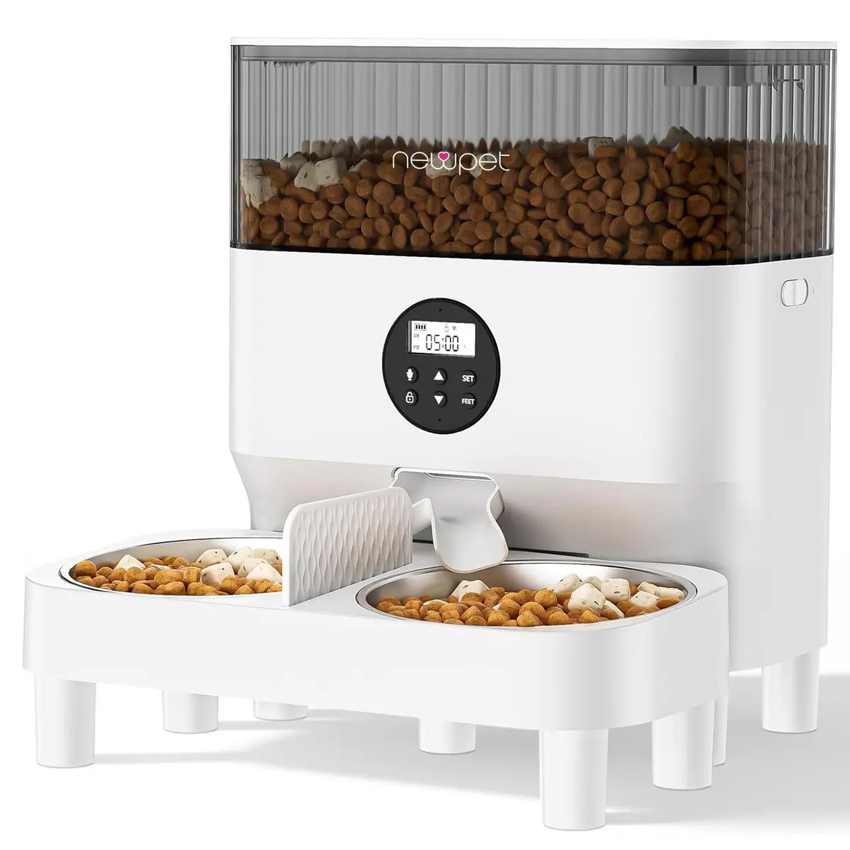 Elevado Comedouro para 2 Gatos, 5L Alimentador Automático Gatos WIFI Comedouro Automatico Pet com Suporte Elevado e Tigela de Aço Inoxidável,Chamada de refeição