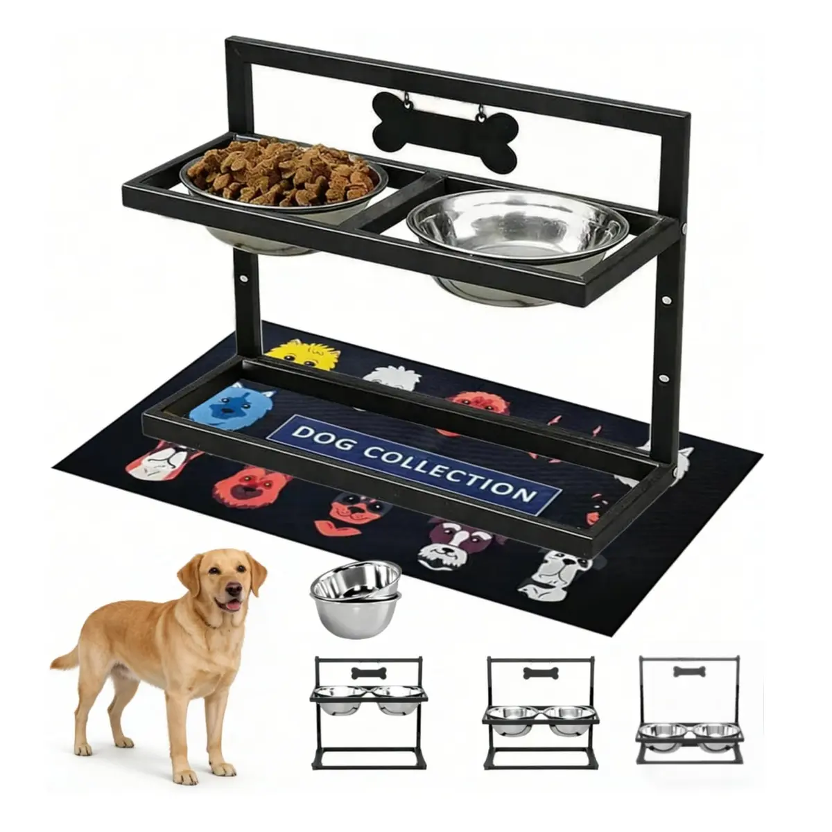 Suporte para tigelas de cães com altura ajustável, com duas tigelas de aço inoxidável para alimentação controlada e almofada antiderrapante, perfeito para cães de médio e grande porte - 1
