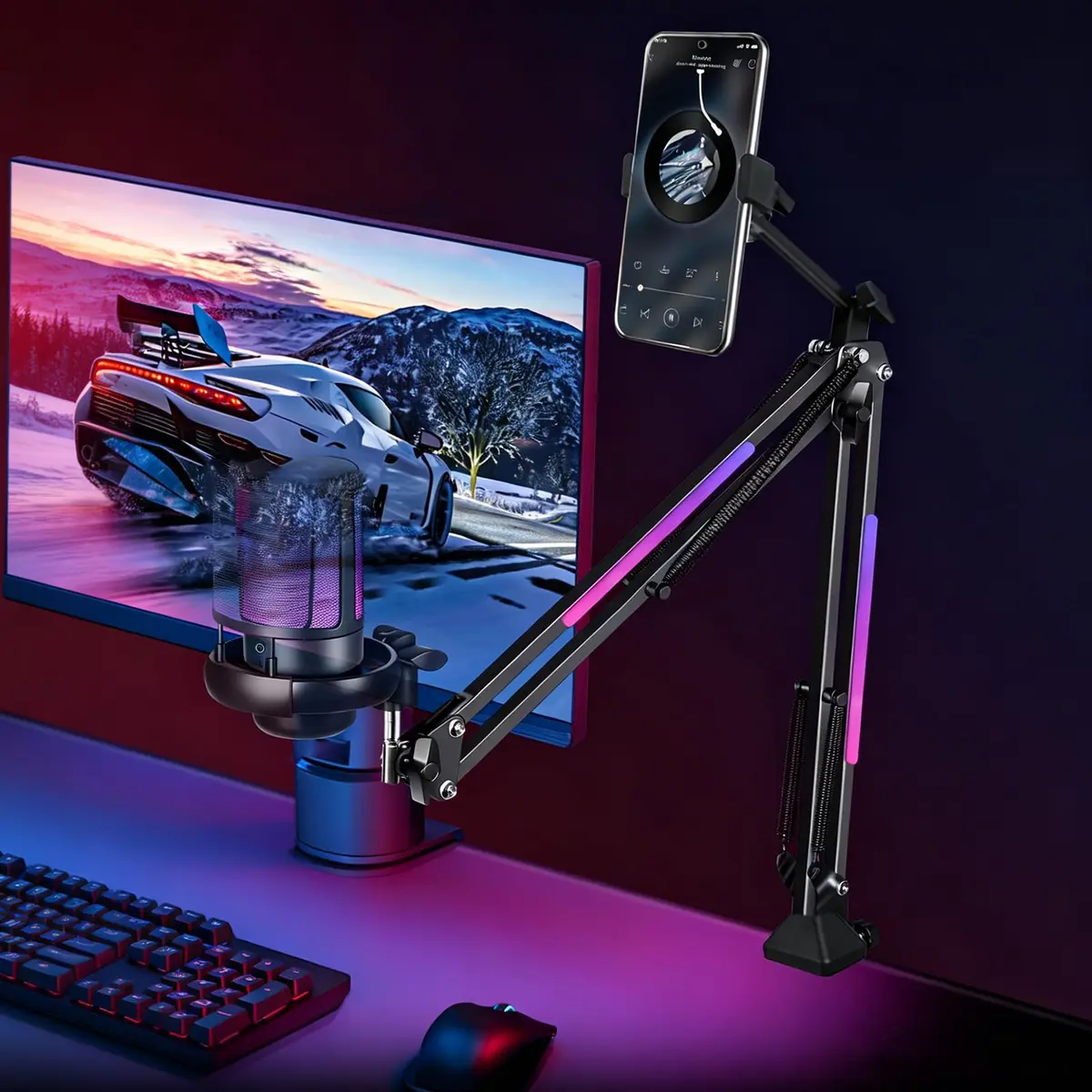 Suporte de Microfone Articulado com Iluminação RGB, Suporte para Celular, Base de Mesa Ajustável até 55mm