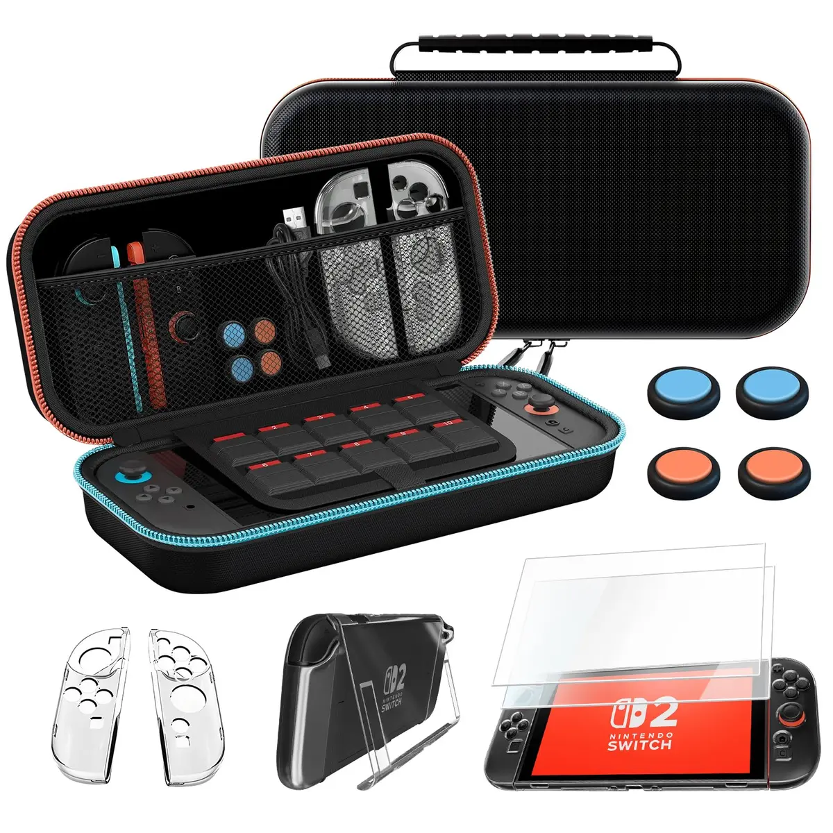 Estojo de Transporte para Nintendo Switch 2 (2025) 10 em 1, Case con Capa Protetora Rígida Portátil para Viagem com 2 Películas Temperadas, 2 Protetores de TPU para Joycon, 4 Tampas Basculantes e Uma Capa de Cristal