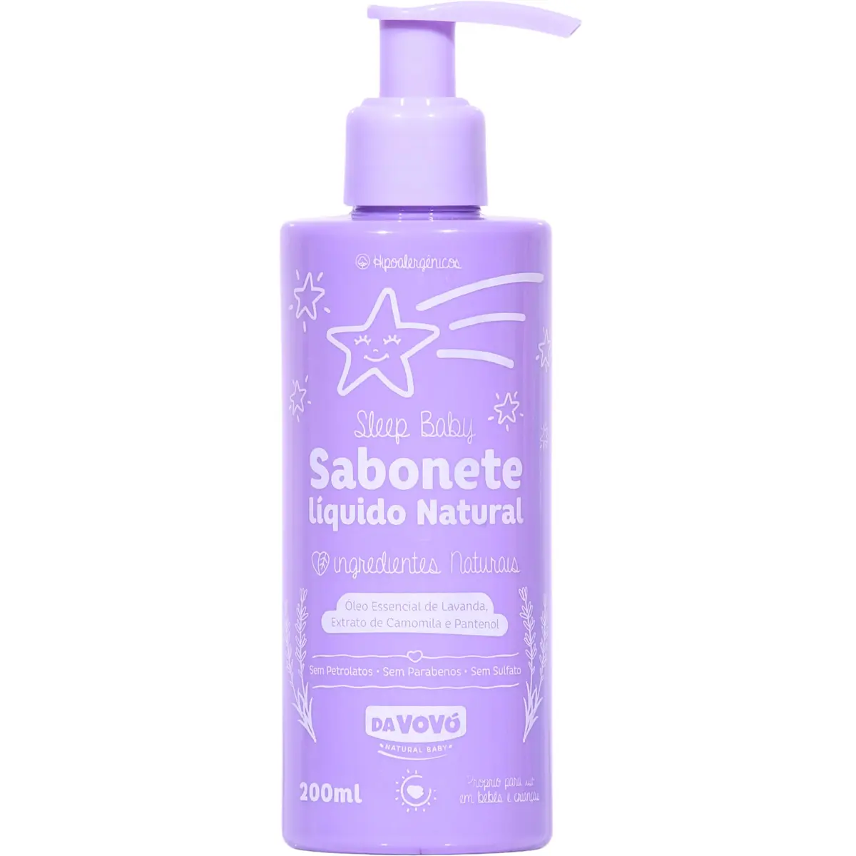 Sabonete líquido natural, Da Vovó, Sleep Baby, Lavanda, 200ml | Com glicerina, pantenol e extrato de algodão, dermatologicamente testado e livre de parabenos, sulfatos e corantes