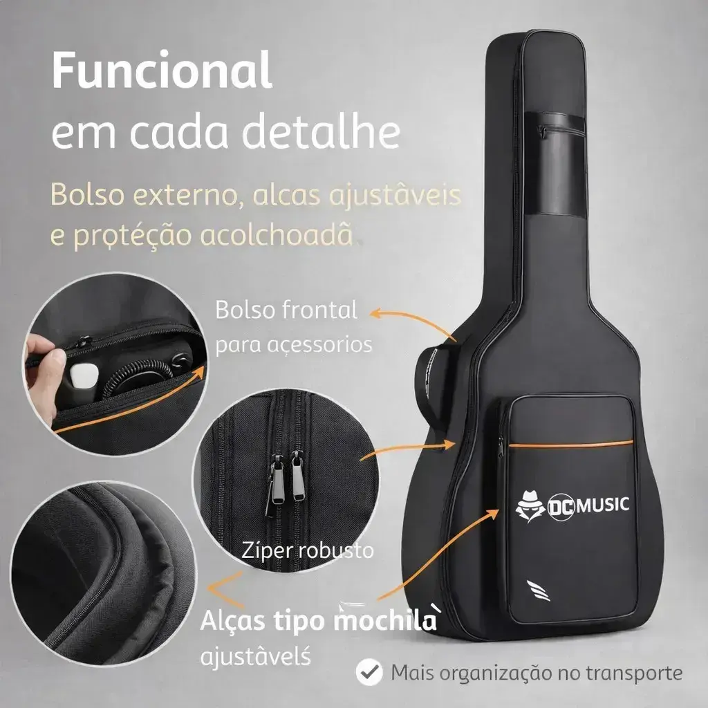 Capa para Violão Don Caprini Acolchoada com Alça Mochila e Bolso Frontal para Folk e Clássico até 41" thumbnail 2