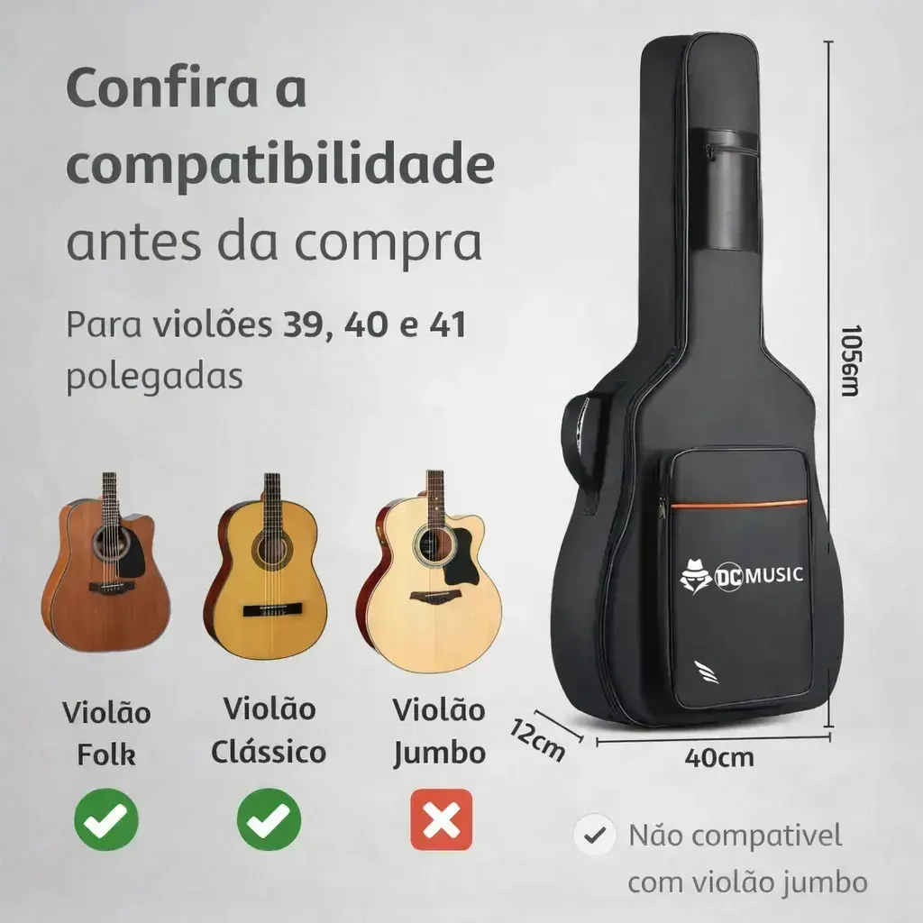 Capa para Violão Don Caprini Acolchoada com Alça Mochila e Bolso Frontal para Folk e Clássico até 41" thumbnail 5
