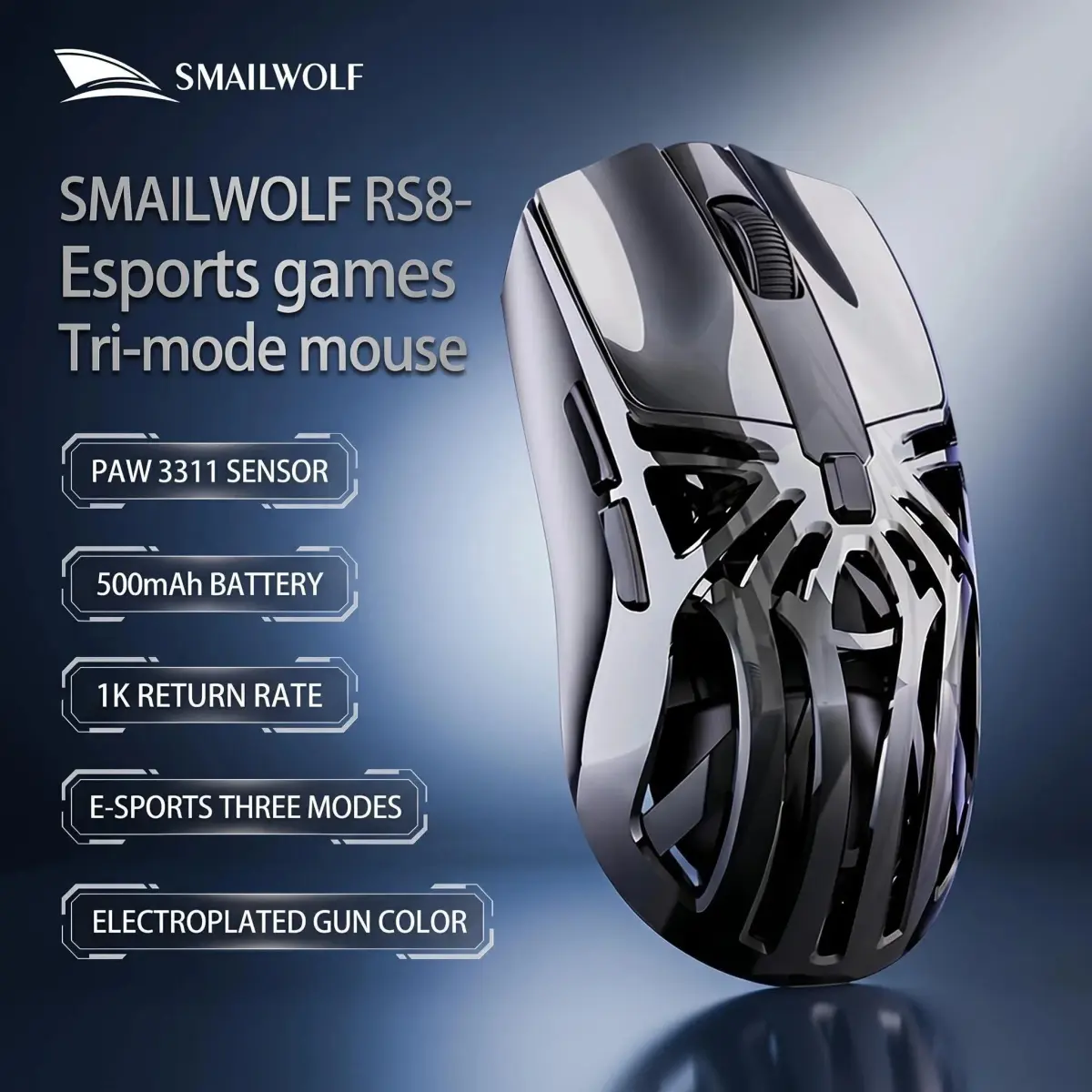 Mouse Gamer Sem Fio SMAILWOLF RS8 2026 NOVO, Bluetooth Três Modos, PAW3311 1KHZ, Formato Aranha, Ideal para Mãos Grandes - 1