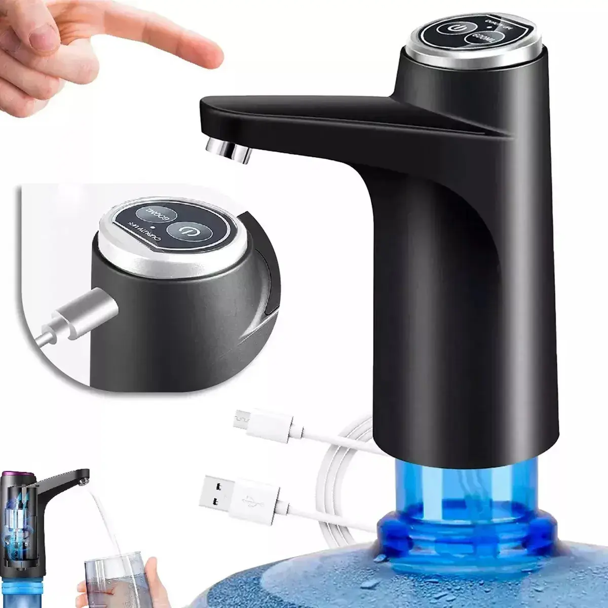 Bomba Elétrica Torneira Galão Água Recarregável Usb 110/220 Preto-Branco - 1