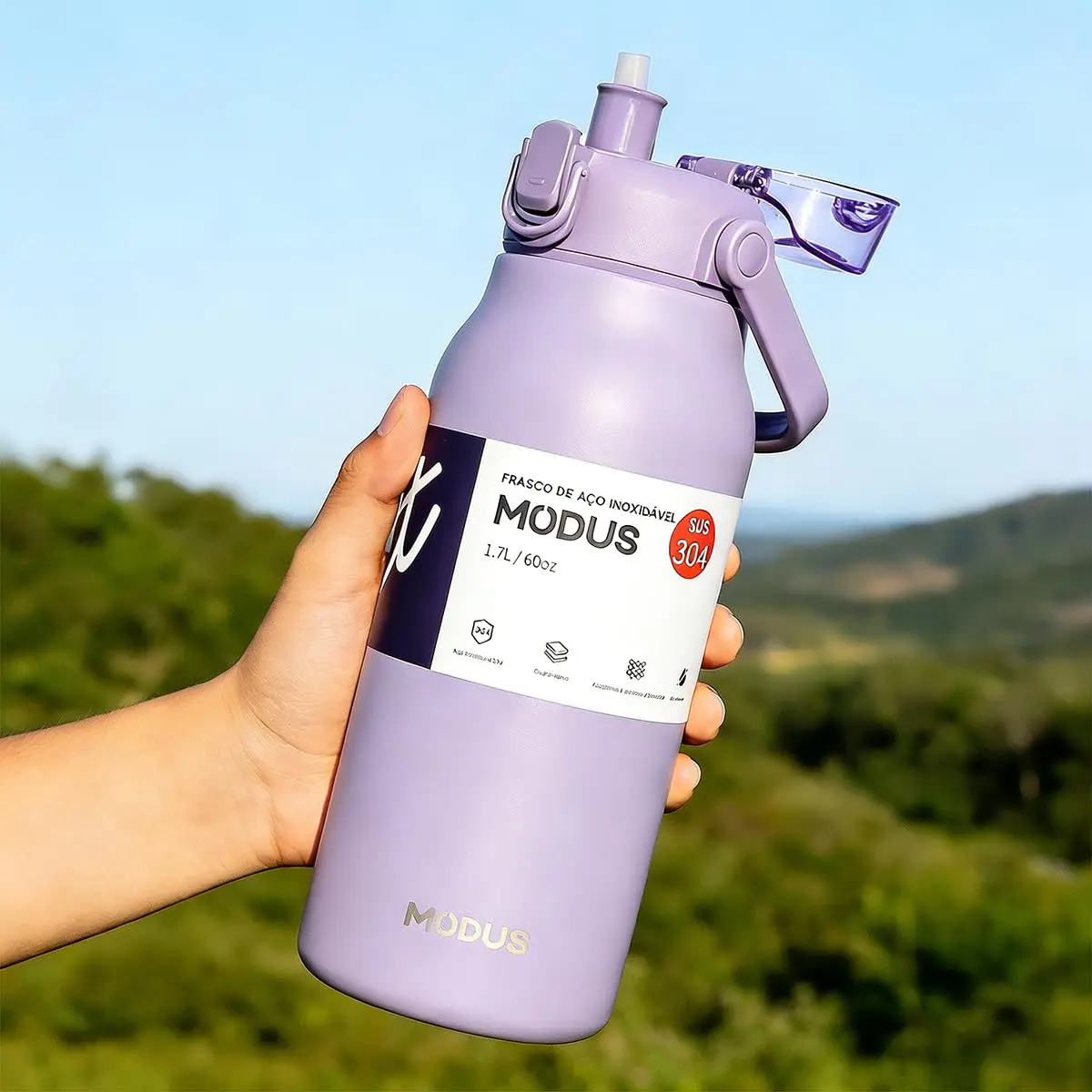 Garrafa Térmica 1,7L Aço Inox com Alça Larga, Canudo e Base de Silicone | para Acampamento e Trilhas (Roxo) - 1