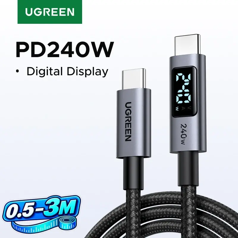 Cabo USB-C UGREEN 240W com Tela Digital PD3.1 para Laptop, iPhone, Duo 18/17, Samsung S26-20, Cabo Inteligente 0.5-3M