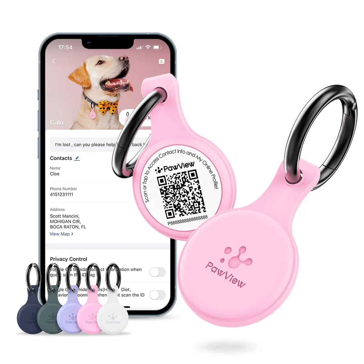 PawView Plaquinha de Identificação com QR Code Para Pets com App Gratuito | Tag de Identificação com QR Code & NFC, Silicone Silencioso Resistente à Água Para Cães e Gatos, Sem Taxa de Assinatura