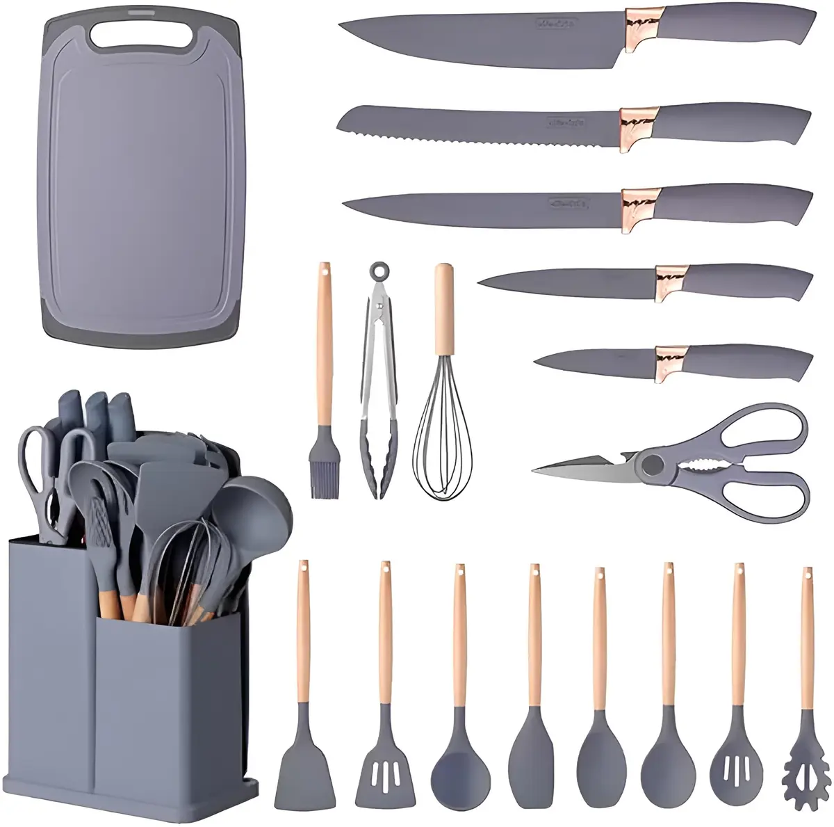 Utensilios Para Cozinha Silicone Kit 19 Peças Cabo Madeira Conjunto Completo Espátula Concha Colher Jogo Suporte Faca Antiaderente Tabua Tesoura Faqueiro PREMIUM (Cinza)