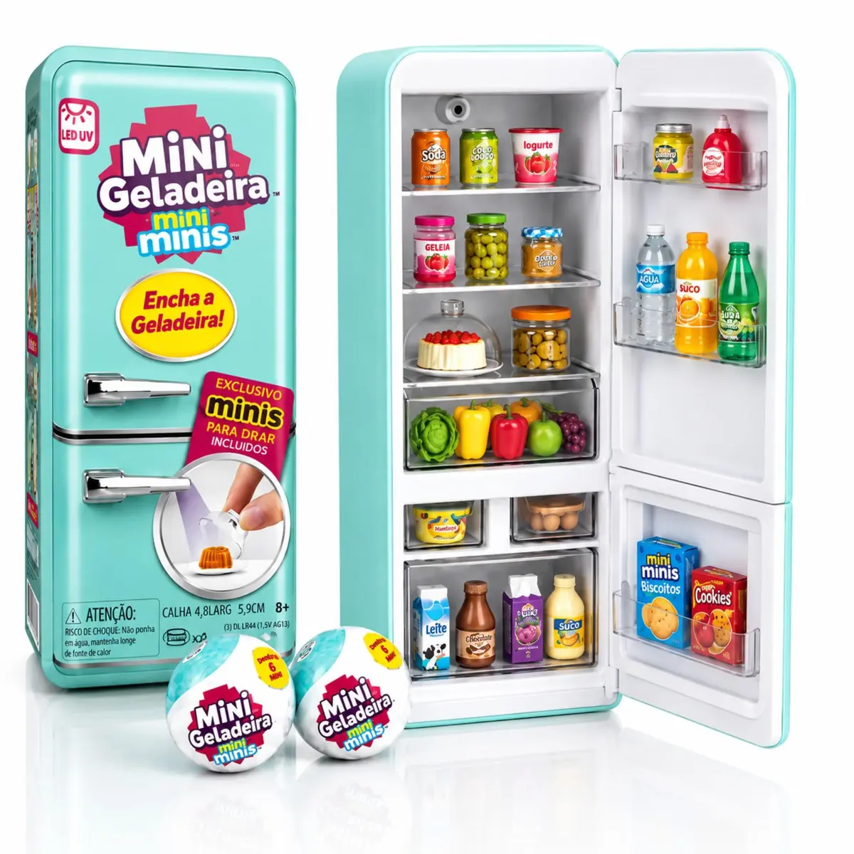 Mini Geladeira Brinquedo Infantil 2 Bolas Surpresa Luz LED | Miniaturas Colecionáveis, Comidinhas em Miniatura, Luz UV, Acessórios para Casinha de Boneca, Presente para Meninas 8 Anos