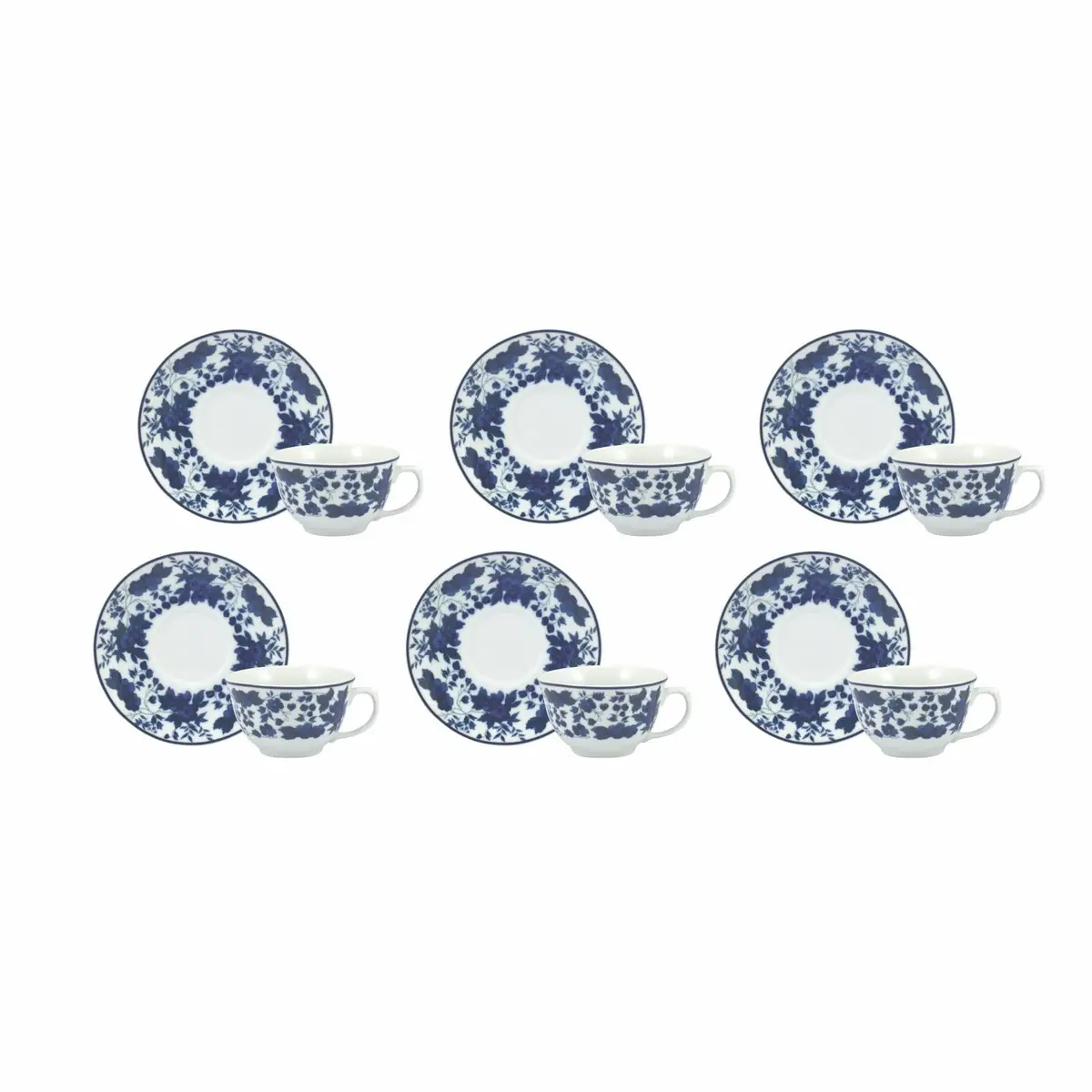 Estojo com 6 xícaras de chá com pires. Modelo redondo izabel. Decoração folhagem. Porcelana real by porcelana schmidt.