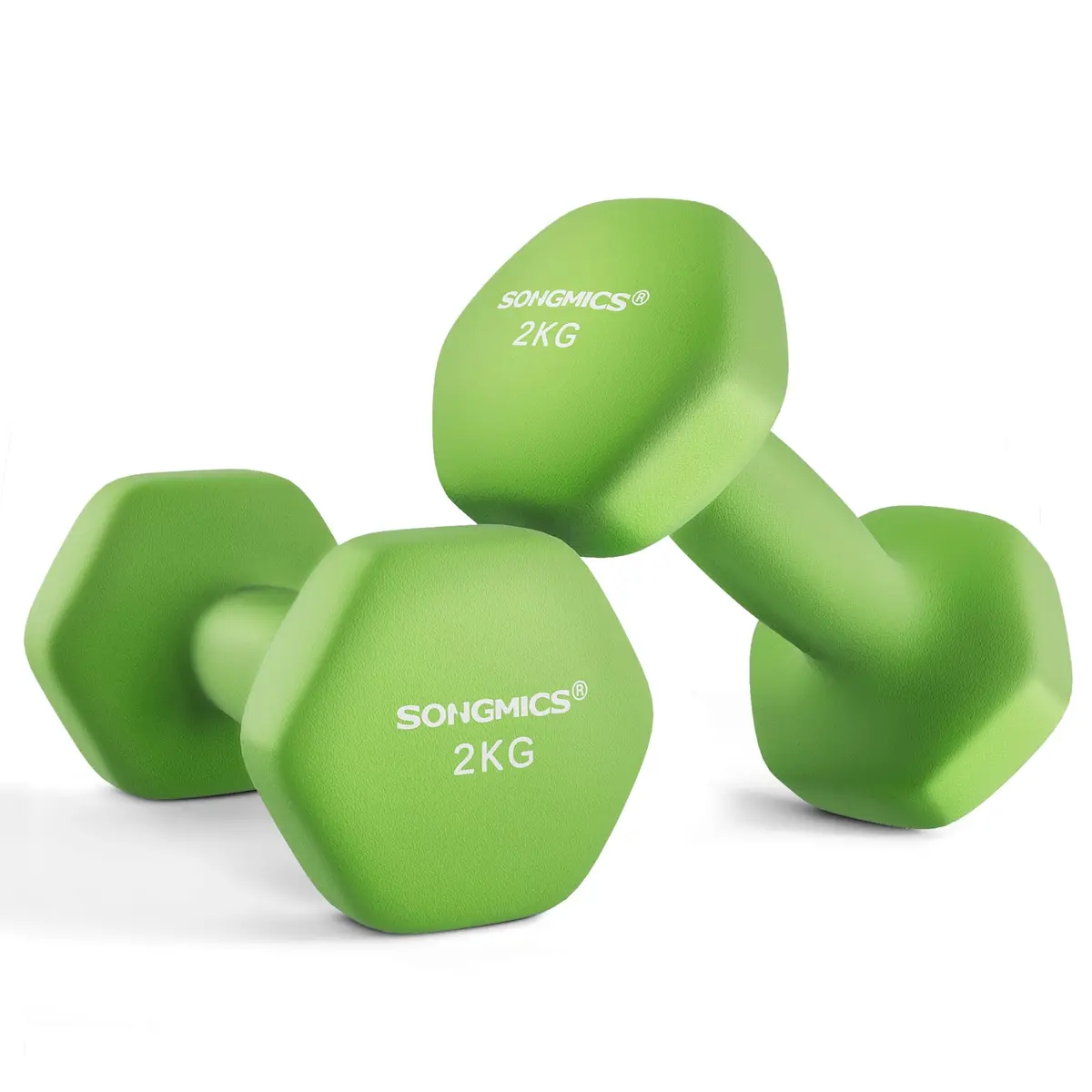 SONGMICS Conjunto de 2 Halteres Hexagonais, 2 x 2 kg | Pesos de Mão, com Revestimento de Neoprene, Exercício de Treino em Casa, Verde Lima, Coleção STEFAN SYL904C01