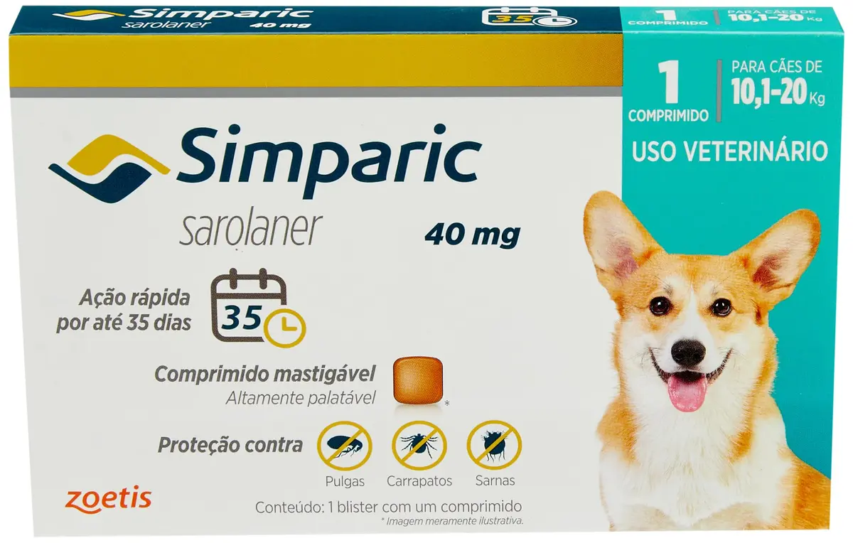 Simparic 40mg, 10,1 até 20kg, 1Cp Zoetis para Cães - 1