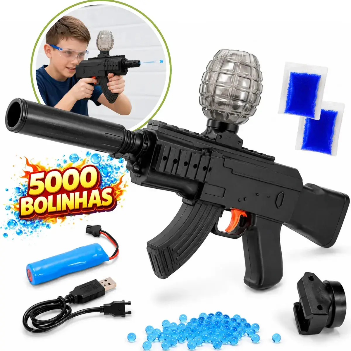 Arminha Brinquedo Ak47 Lançador Bolinhas Gel Recarregável Preto