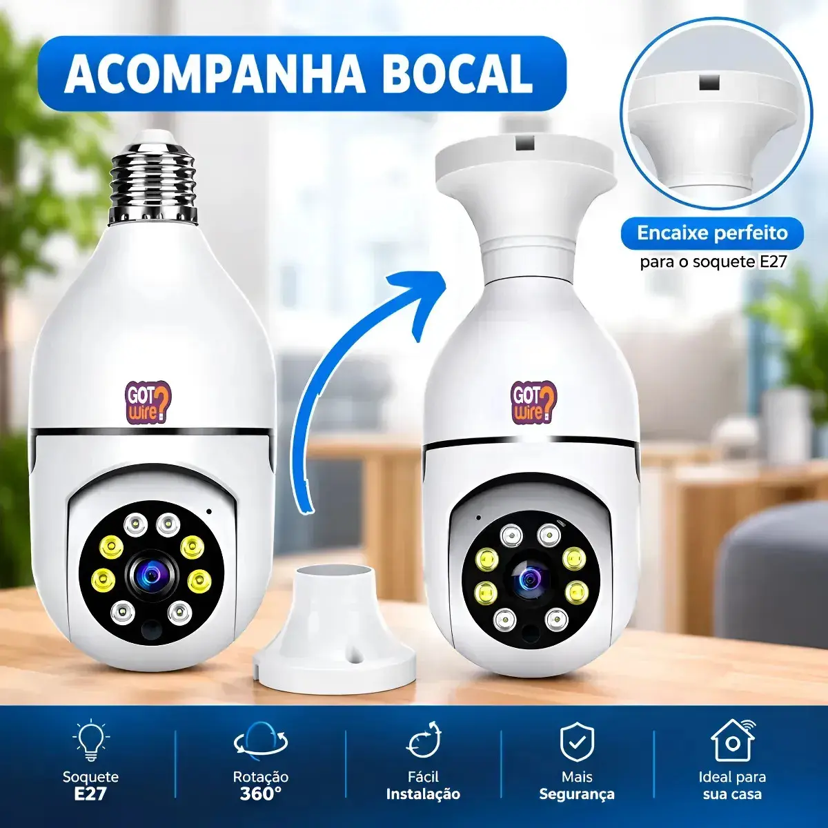 Câmera Lâmpada de Segurança Wifi 360º Infravermelho GotWire IP44 Full Hd 1080p Interna Externa Com Sensor de Movimento Inteligente thumbnail 4