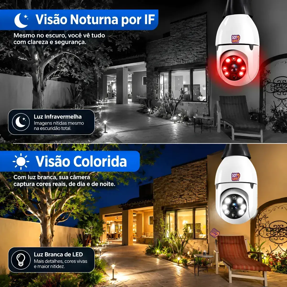 Câmera Lâmpada de Segurança Wifi 360º Infravermelho GotWire IP44 Full Hd 1080p Interna Externa Com Sensor de Movimento Inteligente thumbnail 6