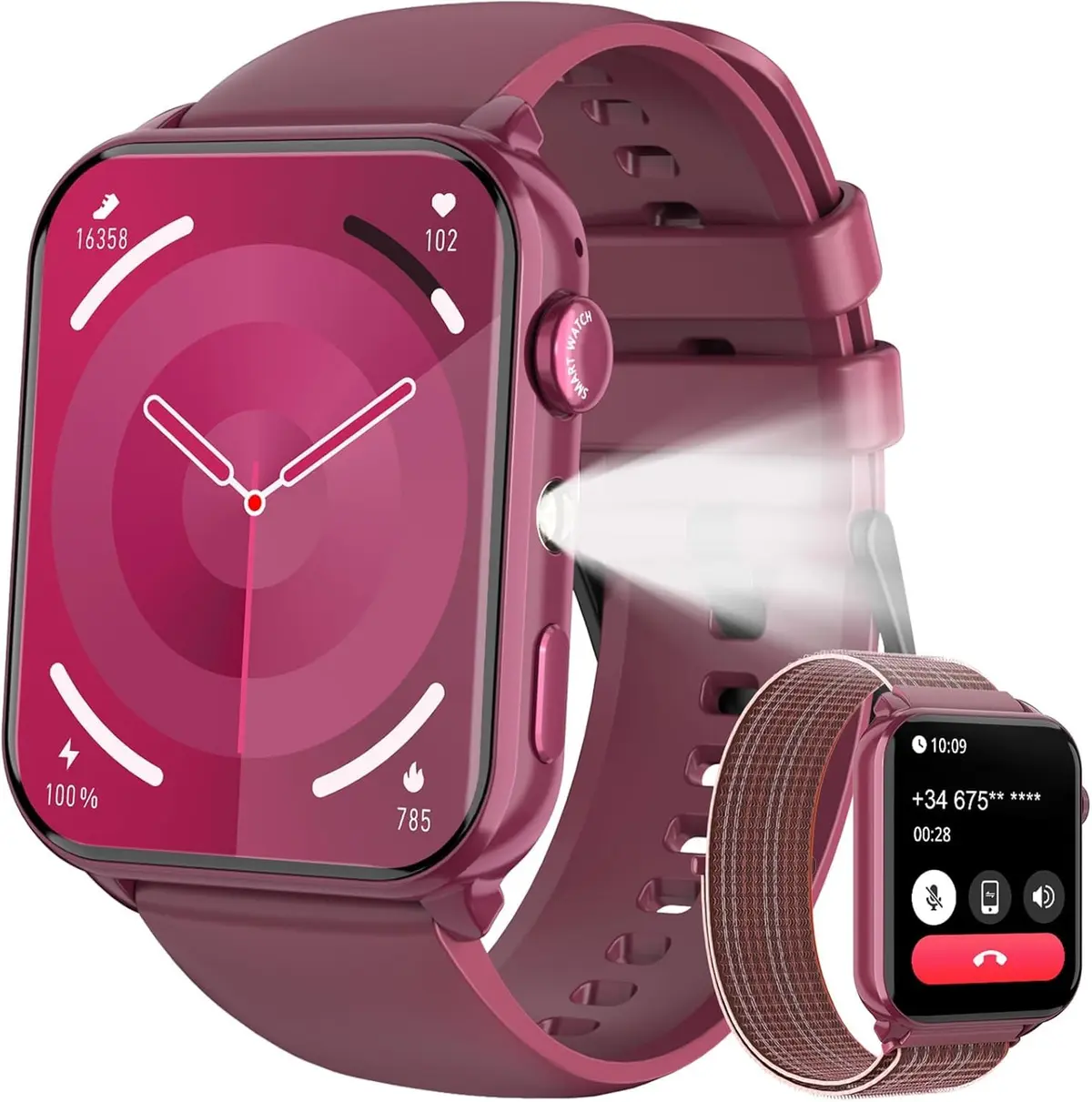 IOWODO Relógio Smartwatch Unissex 1.91" com Chamadas Bluetooth - Lanterna LED, 2 Pulseiras, 100+ Modos Esportivos, IP68 - iPhone/Android (Clarete)