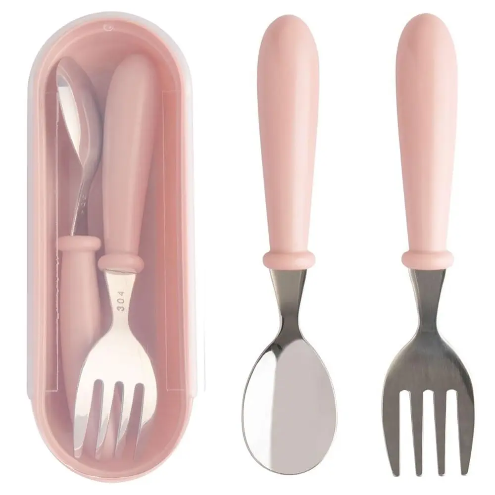 Jogo Talheres Colher Garfo Inox Infantil Kit Com Estojo Bebê Introdução Alimentar Passeios e Viagens Rosa - 1